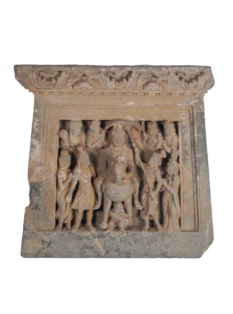 <h3>Great Departure of Buddha</h3> <p>Black Schist<br /> Ram Das collection<br /> 1st – 2nd Century CE<br /> 23 x 20.5 x 5.7 cm<br /> The trapezoidal relief panel, with an elaborate acanthus scroll on the upper cornice, would have originally decorated the wall of a Buddhist monastic structure. It depicts a key moment in the life story of the Buddha: the scene of Departure of the Buddha from his palace to lead the life of an ascetic. He renounces all worldly pleasures including his family.</p>