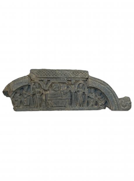 <h3>Queen Maya’s Dream</h3> <p>Grey Schist<br /> 1st to 2nd century CE<br /> Kushan Period<br /> Nowshera Collection<br /> 23.5 x 73 x 5 cm<br /> This relief fragment would have originally formed the upper part of an elaborate architectural element known as the ‘false gable’. It visually represents an episode from the historical life of the Buddha Shakyamuni that usually formed the beginning scene of Gandharan narrative relief panels.</p>