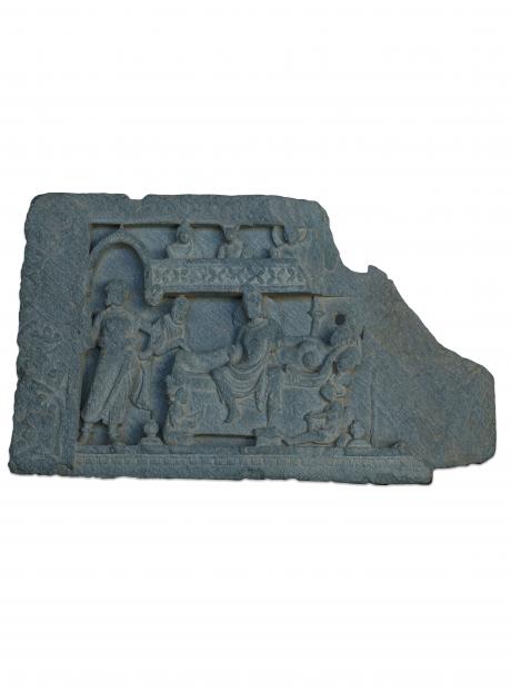 <h3>The Great Renunciation</h3> <p>Grey Schist<br /> 1st-2nd Century AD<br /> Ramdas Collection<br /> 26.5 x 44 x 6 cm<br /> Originally, part of a narrative frieze adorning the body of a stupa or vihara, this fragmentary relief panel depicts the scene of renunciation of Siddhārtha—the moment after a night of revelry among women, when he decides to forsake the pleasures of palatial life and embrace asceticism. This scene from the Buddha’s sacred biography occurs frequently in Gandharan art. </p>